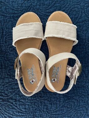 Bobs by Sketchers. Cream Frayed-Edge Ankle Strap Sandals